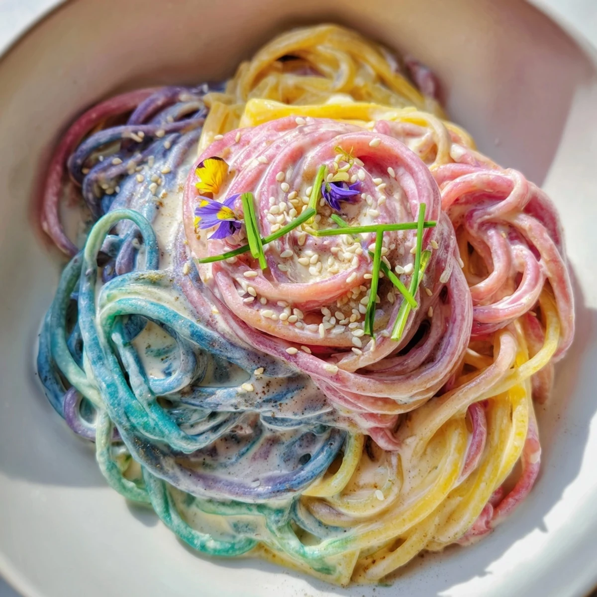 Vibrant Neon Noodle Cloud creating a whimsical, creamy presentation ideal for gatherings.