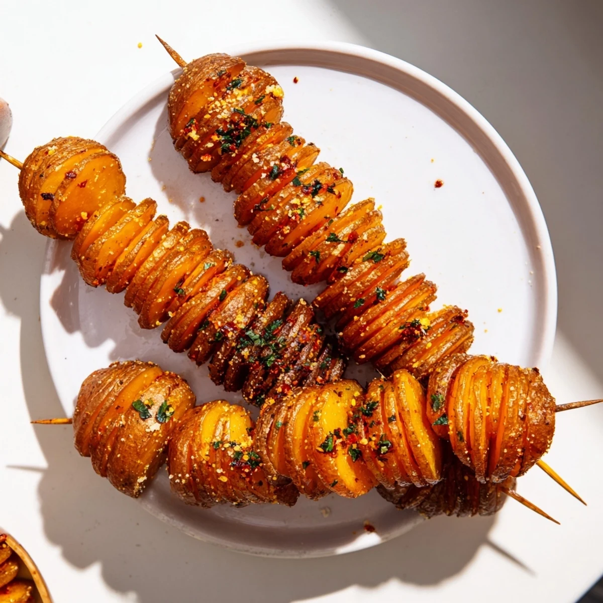 Crispy air-fryer tornado potatoes skewered and seasoned for a delicious snack.  