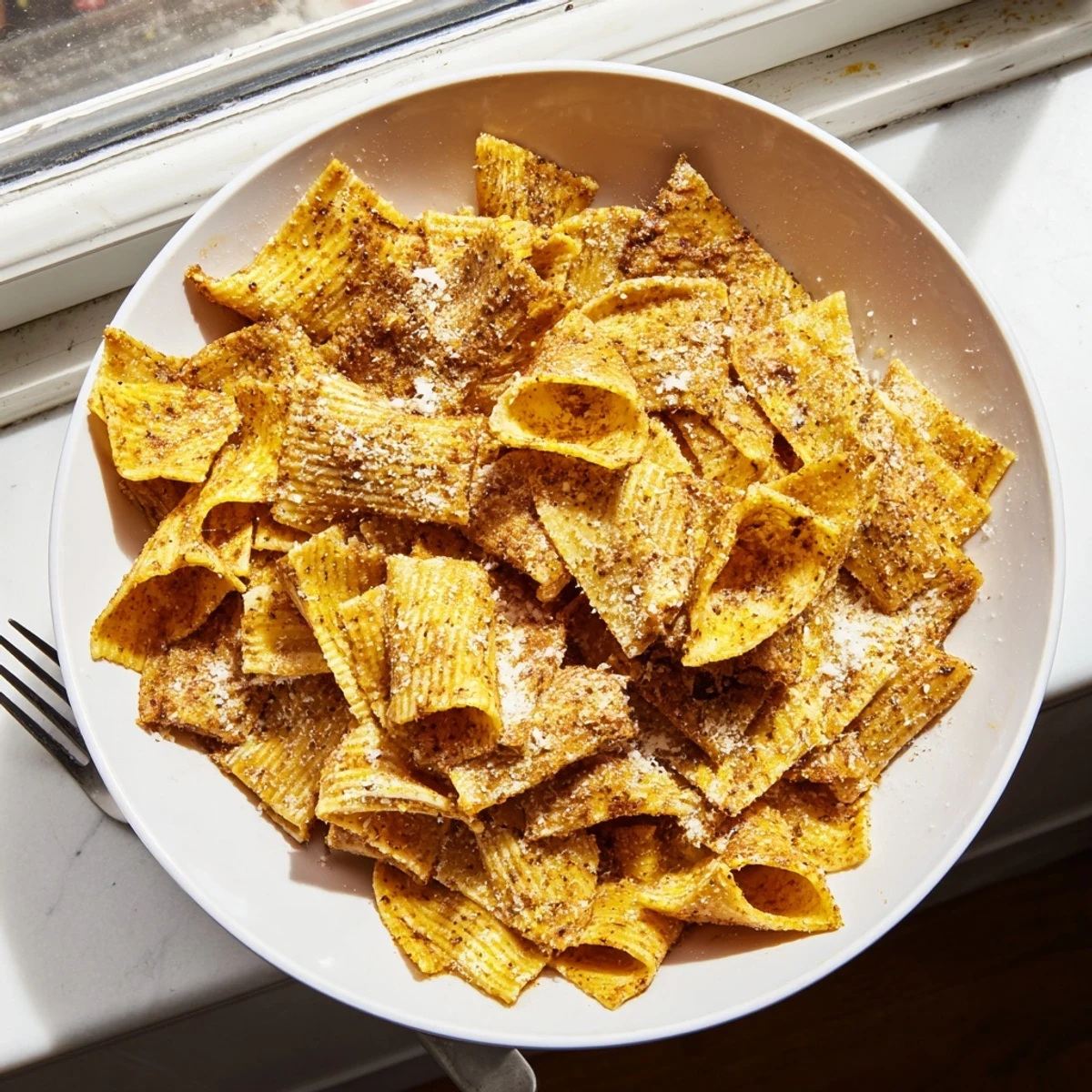 Crispy pasta chips seasoned variety served with zesty marinara sauce for dipping.  