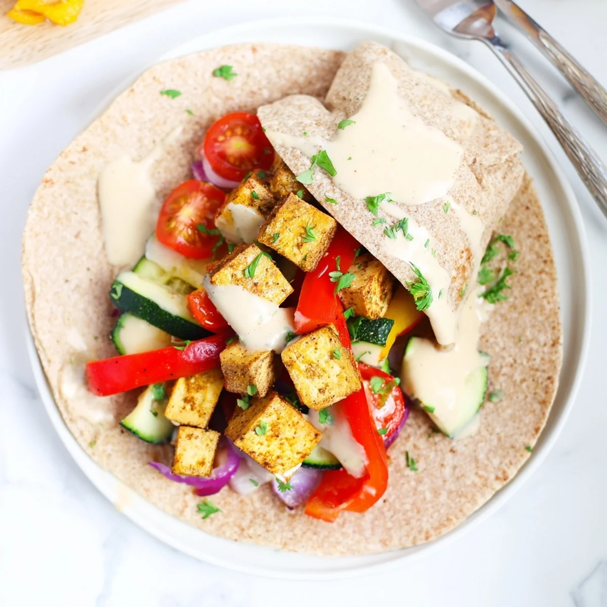 Colorful Vegan Viral Recipe re-make showcases marinated tofu, zucchini, and red bell pepper delights.