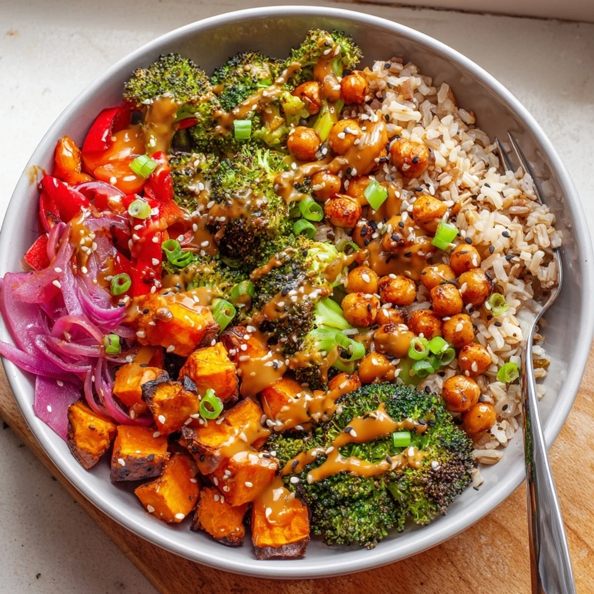 Colorful roasted vegetables and chickpeas enhance these bold sauce drizzle bowls.  