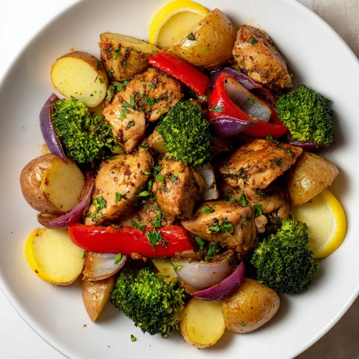 Juicy Lazy Gourmet Chicken & Vegetable One-Pot with vibrant colors and rich flavors.