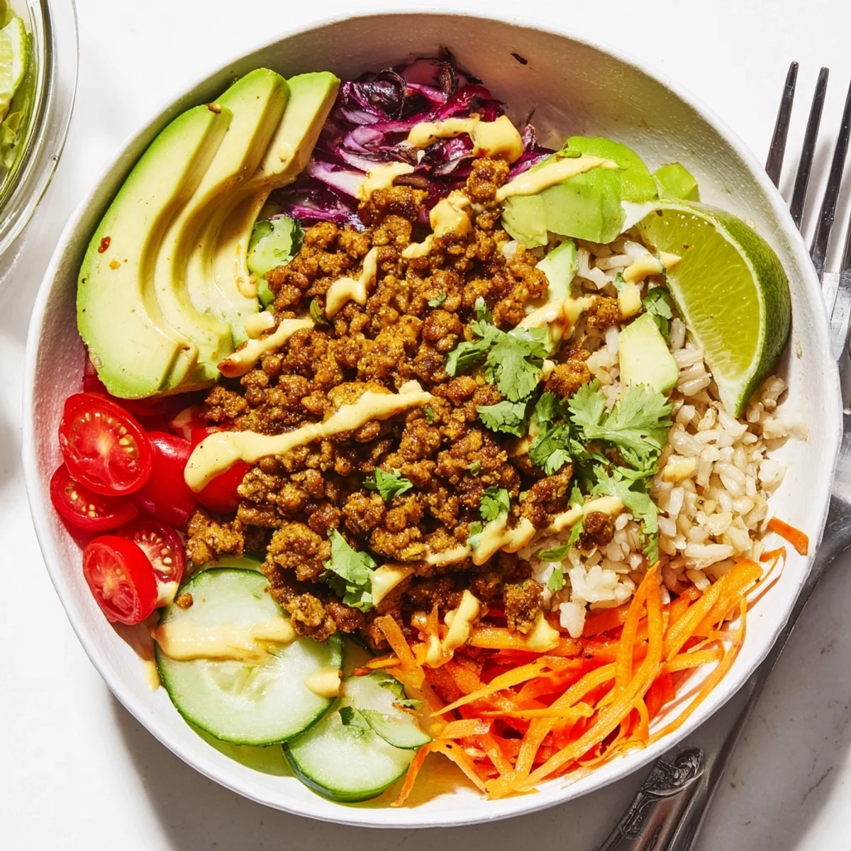 Delicious plant-based meat bowl showcasing colorful vegetables and creamy avocado slices.  