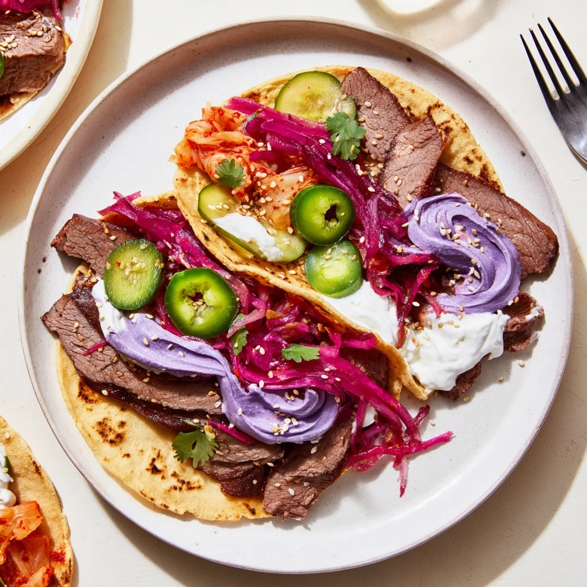 Vibrant Global Street-Food Fusion Tacos topped with ube crema and fresh veggies.  