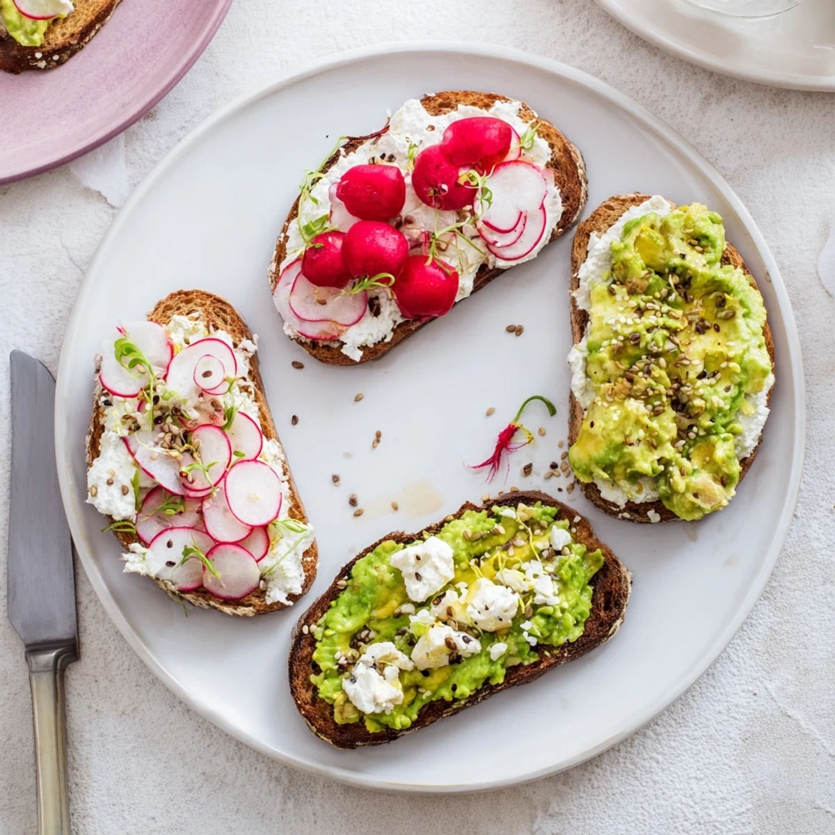 Spectacular breakfast toasts featuring ube spread, avocado, and fresh garnishes for a delightful morning.  