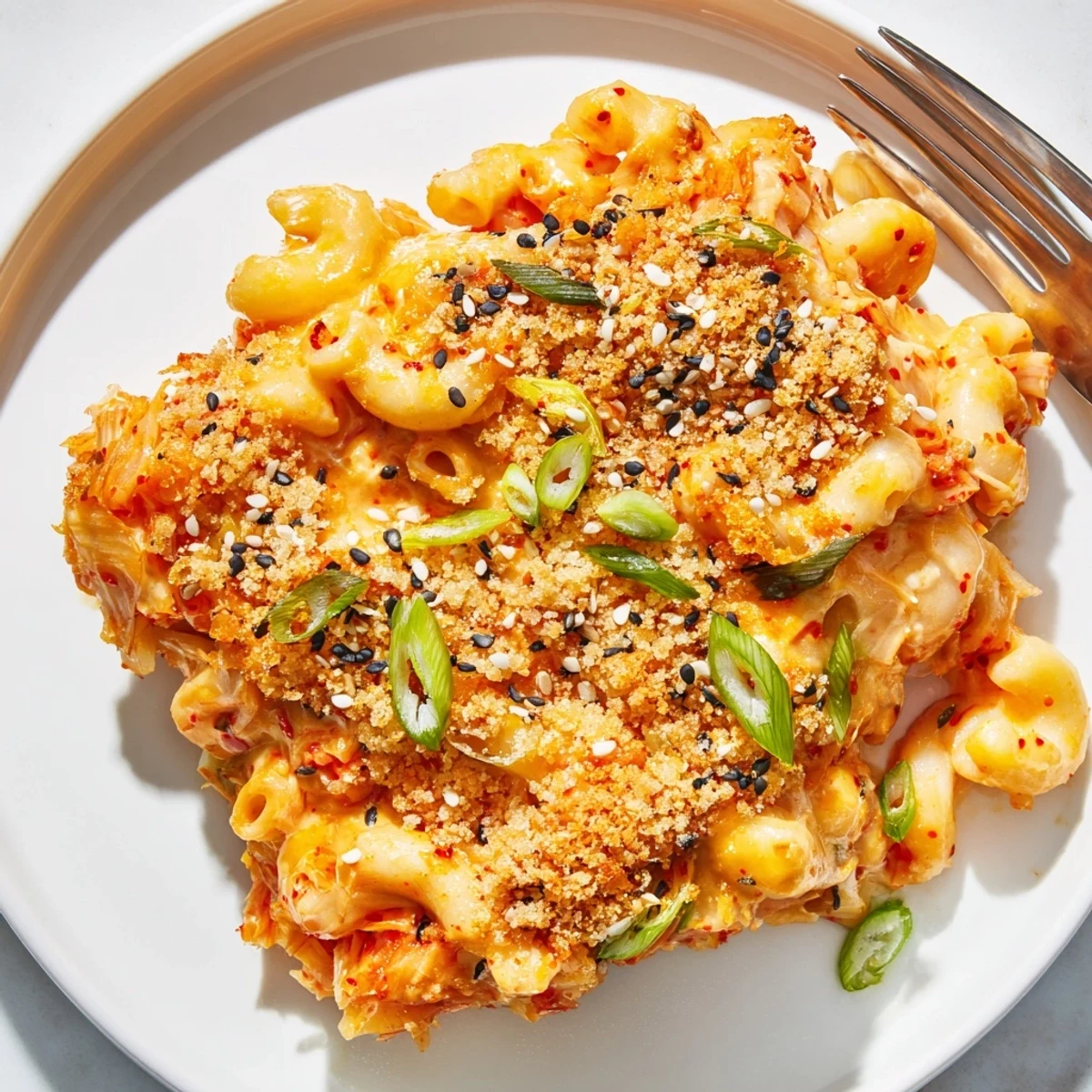 Creamy Spicy Kimchi Mac & Cheese topped with crunchy sesame breadcrumbs, perfect for dinner.