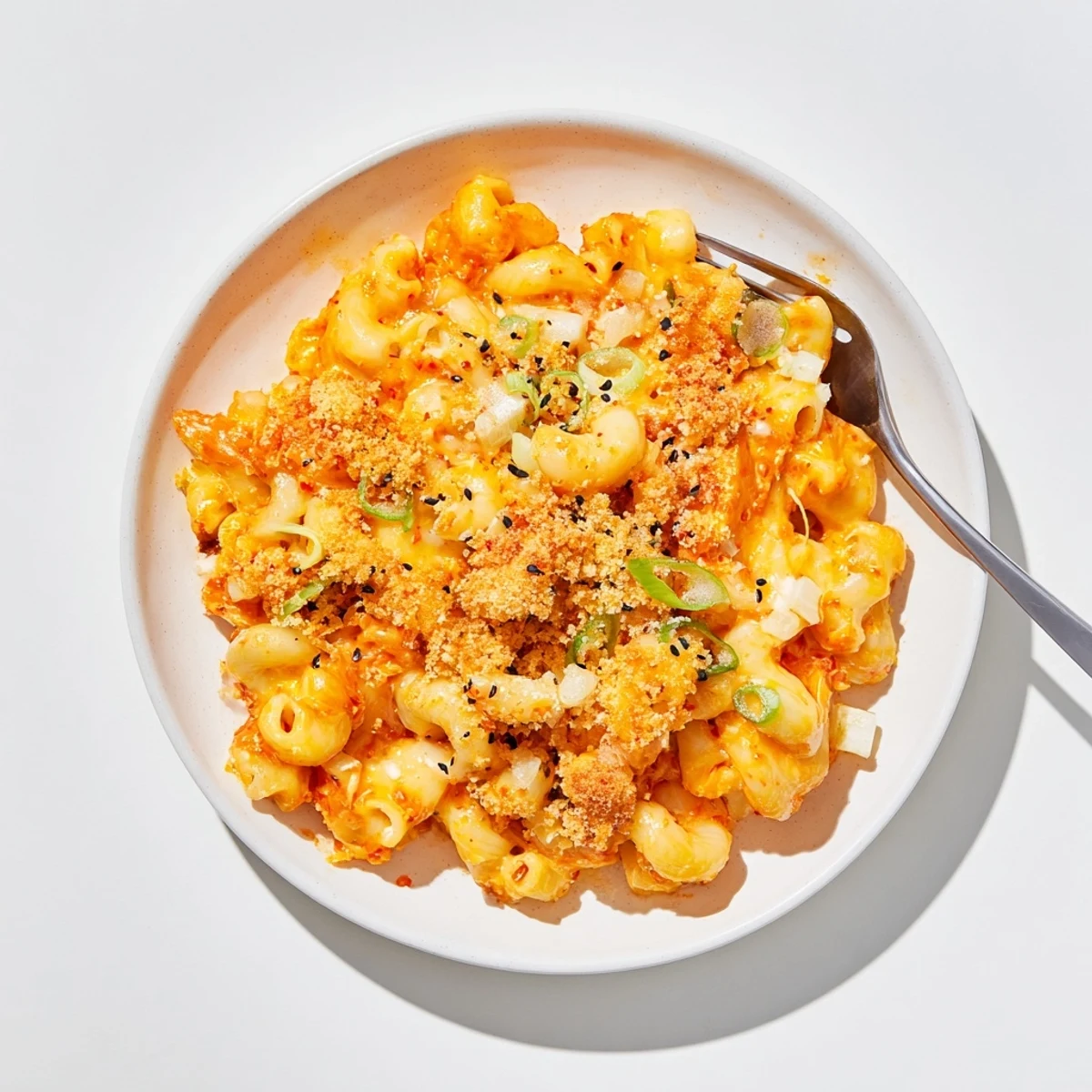 Baked Spicy Kimchi Mac & Cheese with melty cheeses and tangy kimchi, a fusion delight.
