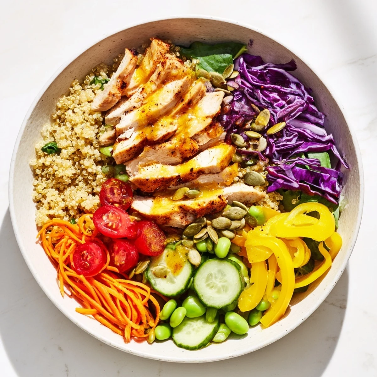 Nutritious healthy meal-prep bowls displaying colorful layers of protein and seasonal produce.