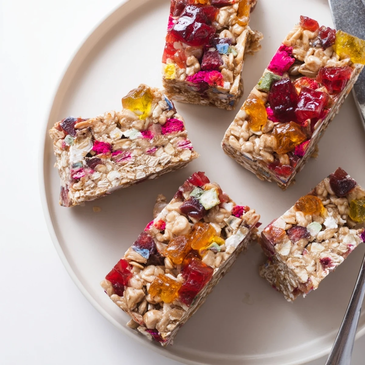 Chewy homemade gummies and crispy freeze-dried candy atop colorful snack bars.  