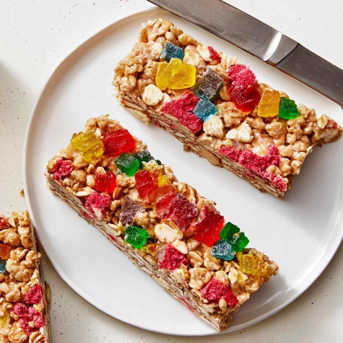 Delicious DIY snack bars made with oats, honey, and fruity gummies.  