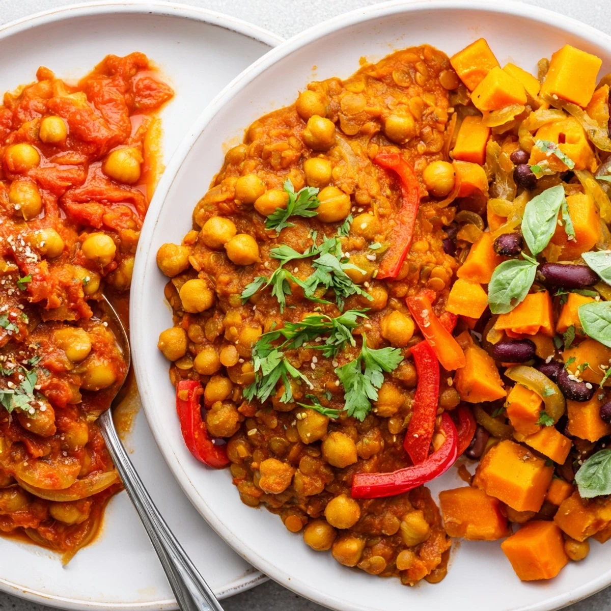 Aromatic Thai Red Lentil Curry bubbling with colorful vegetables and herbs, ready to serve.  