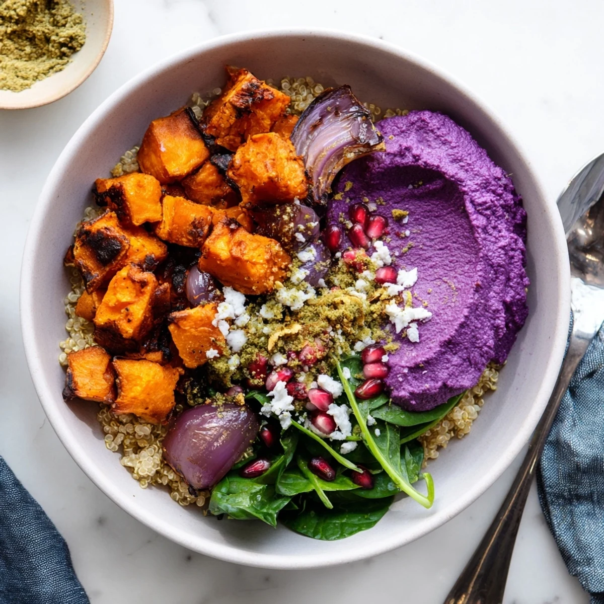 Healthy spiced winter bowls topped with ube-coconut purée and crunchy pistachio crumble.  