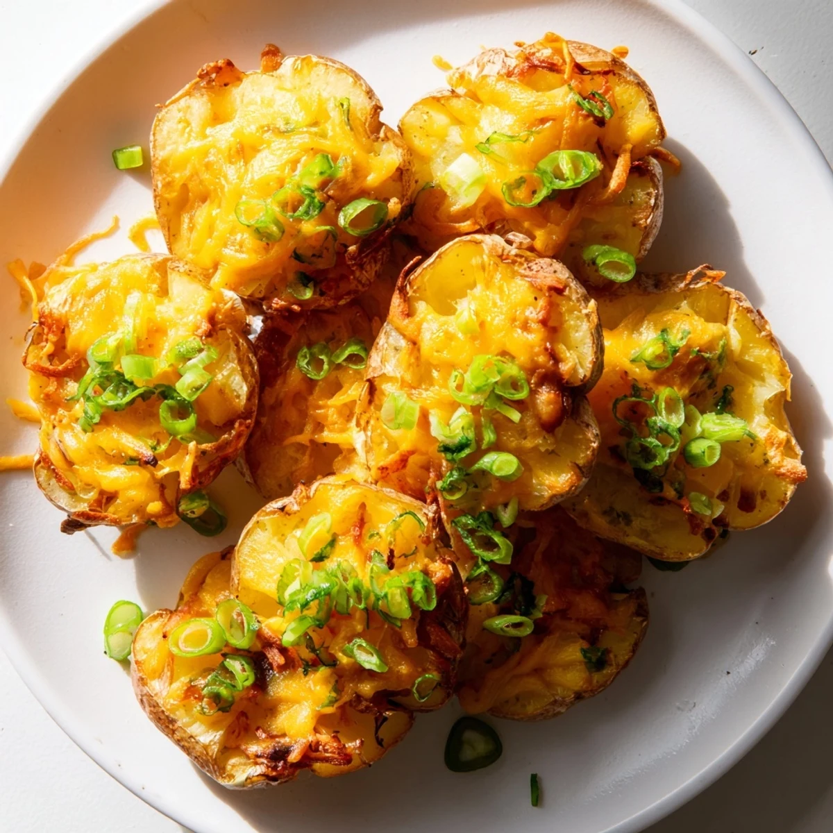 Golden brown smashed green onion potato bombs, perfect as a tasty appetizer.  