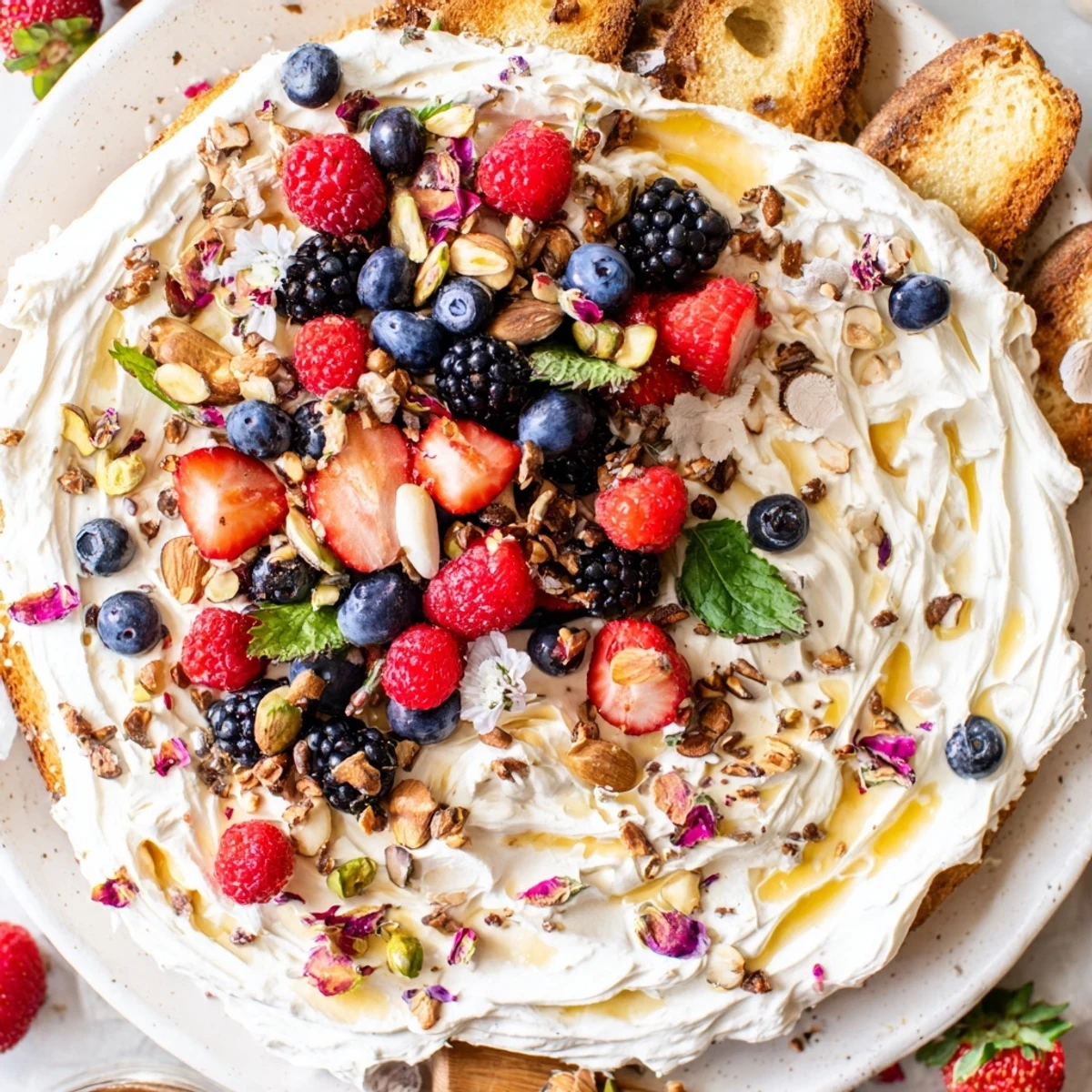 Delicious dessert butter board featuring whipped cream cheese, fresh berries, and mint garnish.  