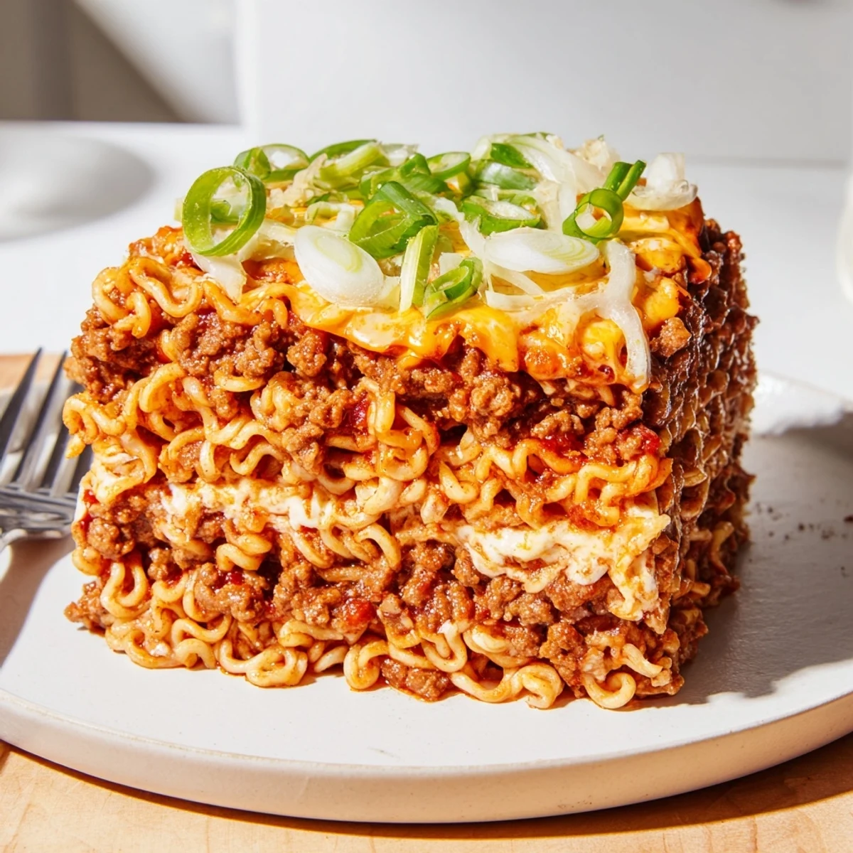 Hearty spicy ramen lasagna layered with flavorful pork and creamy cheese blend.  