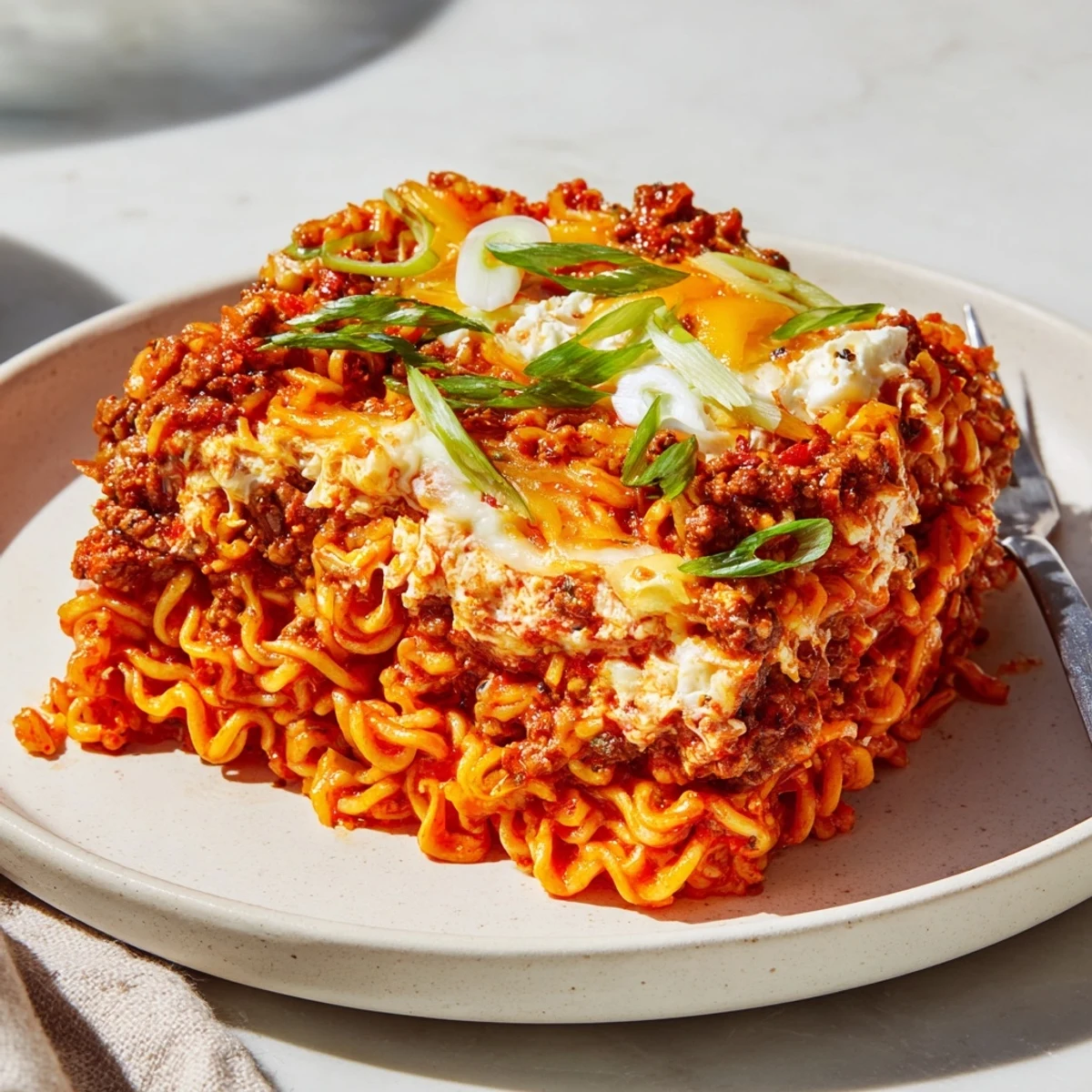 Delicious spicy ramen lasagna featuring rich tomato sauce and savory melted cheeses.