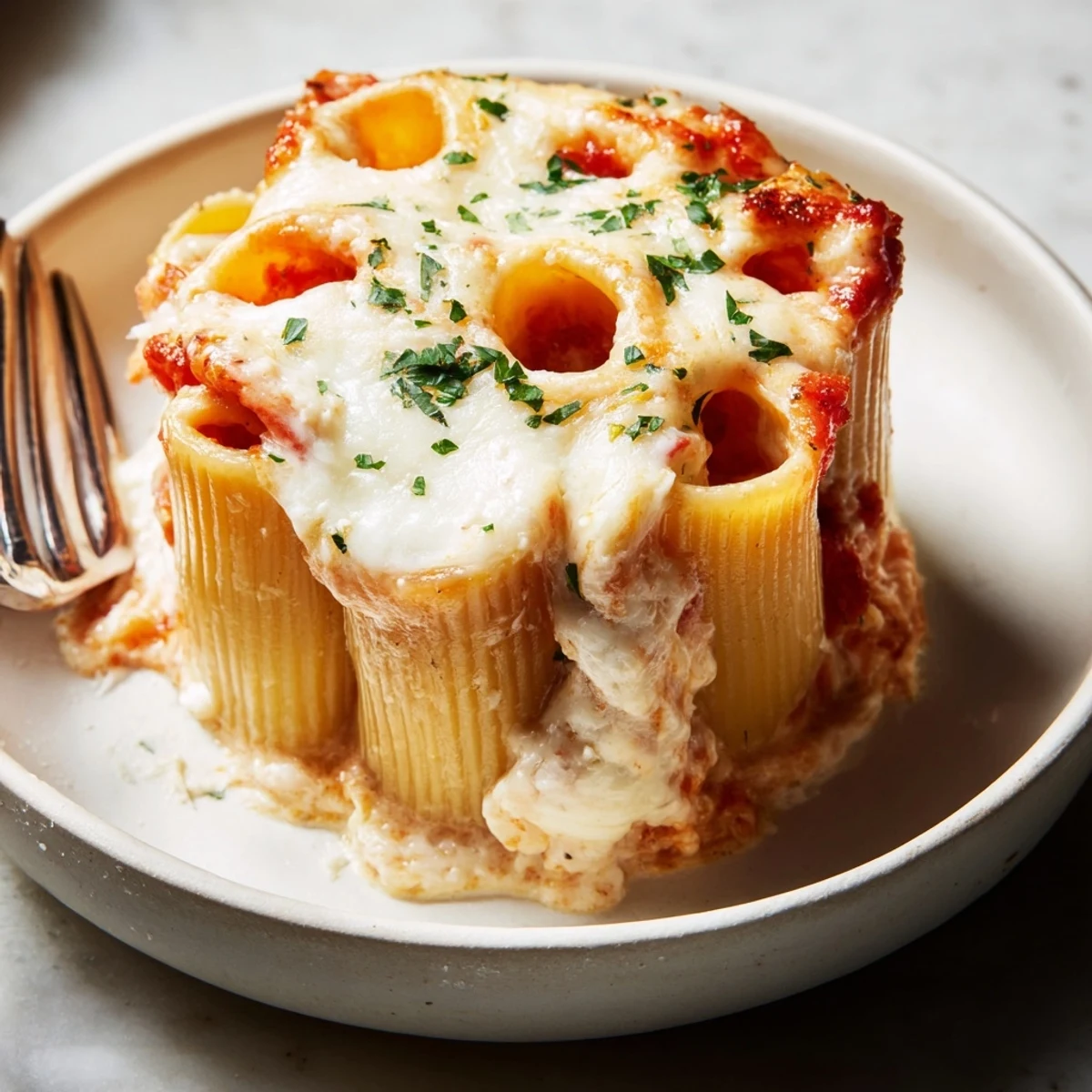 Impressive Honeycomb Pasta Cake with standing rigatoni and bubbling mozzarella topping.