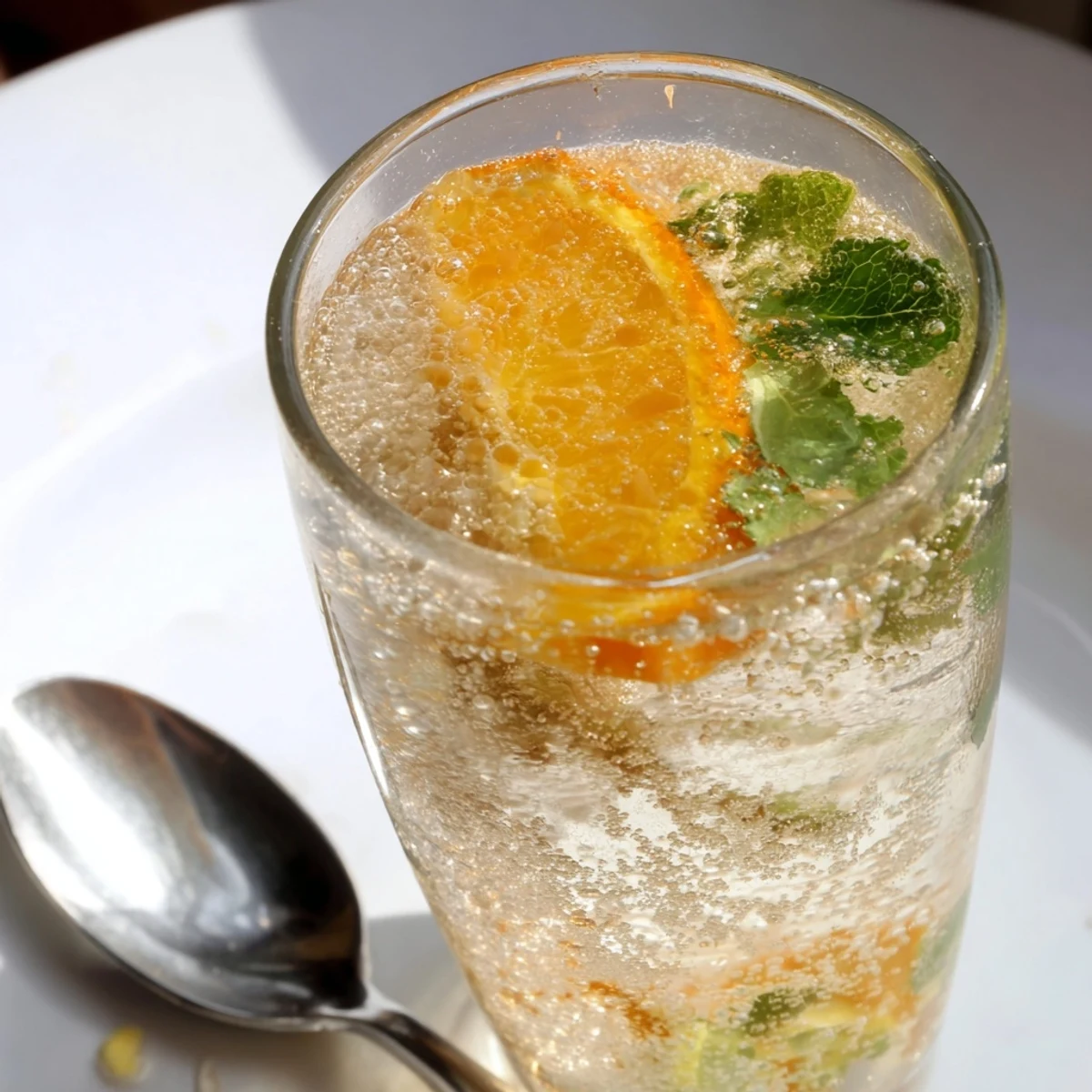 Refreshing probiotic soda mocktail with citrus, mint, and ice for summer enjoyment.  