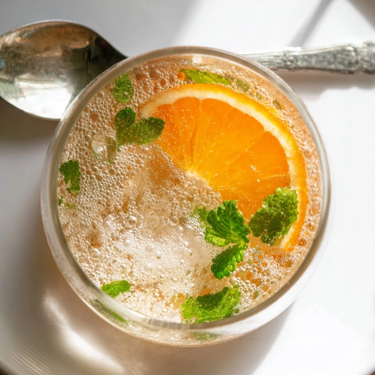 Lightly sparkling probiotic soda mocktail garnished with orange slices and fresh mint.  