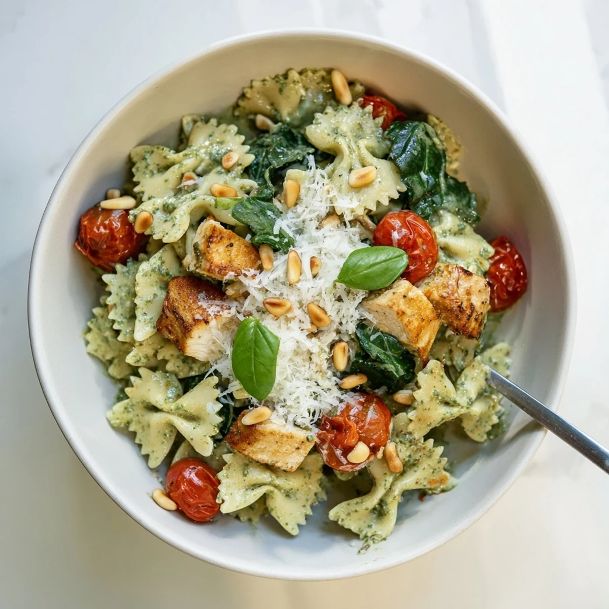 Delicious Pesto Chicken Bowtie Pasta topped with fresh basil and toasted pine nuts.  
