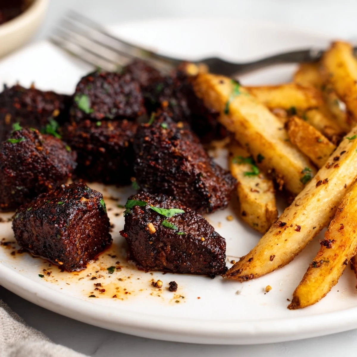 Juicy blackened Cajun steak bites served with crispy fries on a platter.  
