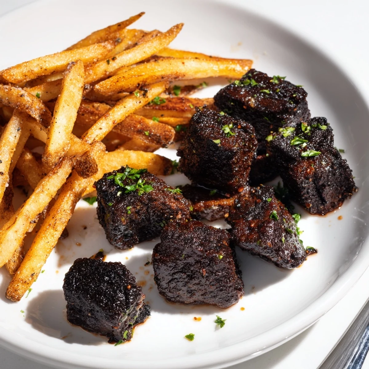 Flavorful blackened Cajun steak bites garnished with parsley and crispy fries.