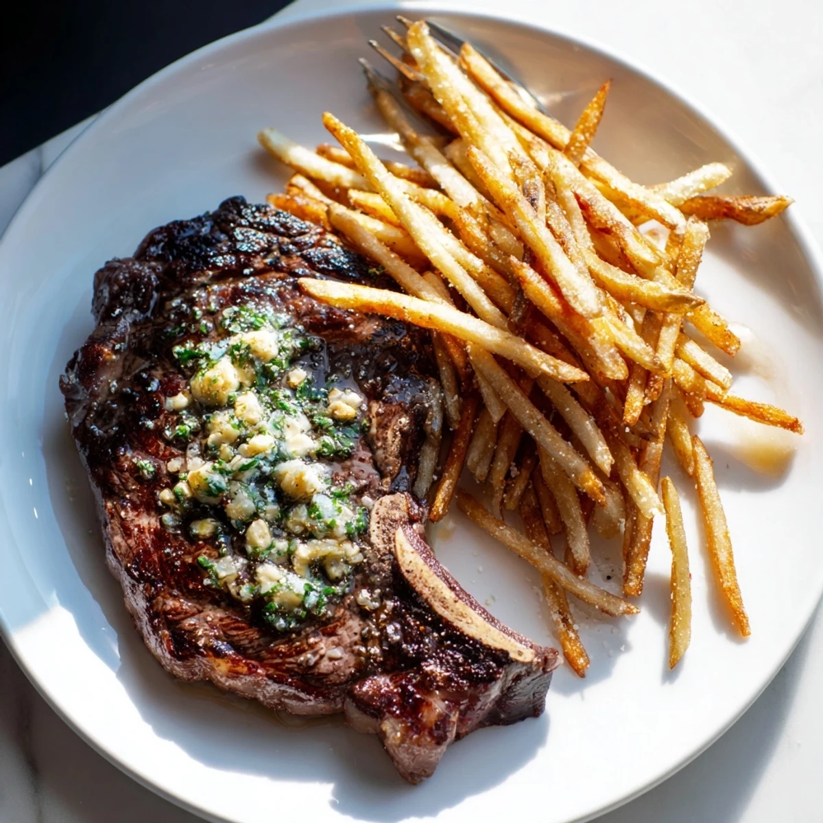 Succulent Steakhouse Garlic Butter Steak & Fries garnished with fresh herbs and golden fries.  