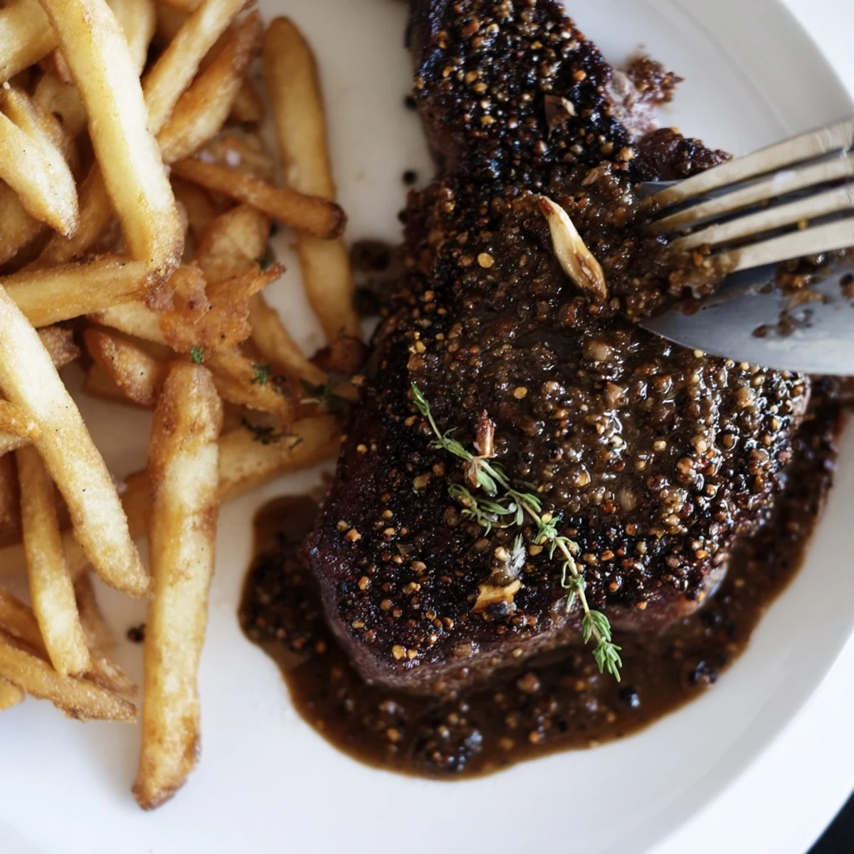 Succulent ribeye steak, coated in cracked peppercorns, served alongside golden crispy fries.  