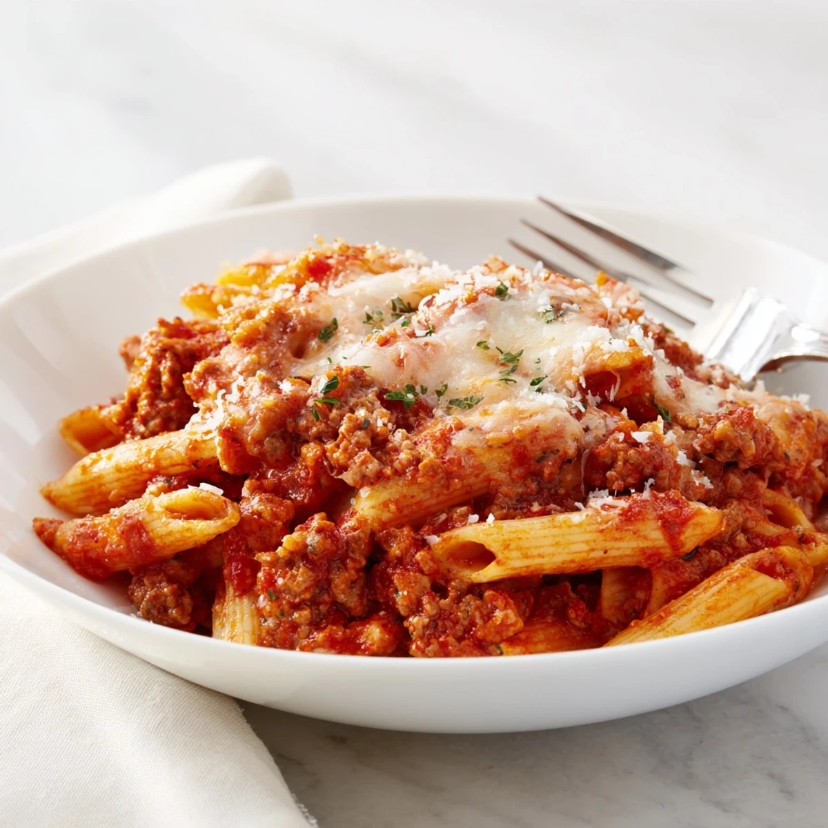 Savory Cheesy Beef & Penne Bake, featuring tender pasta and a rich tomato sauce.