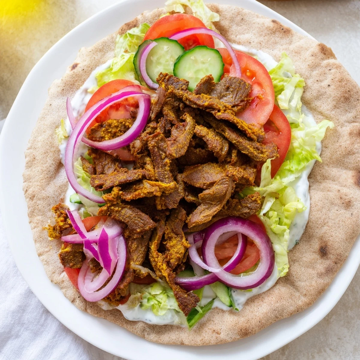 Juicy beef shawarma wraps, filled with vibrant veggies and drizzled with creamy yogurt sauce.