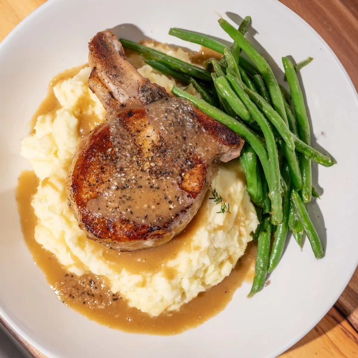 Savory Pork Chops & Cheddar Mash Bowl, juicy atop creamy mashed potatoes, with rich pan gravy.