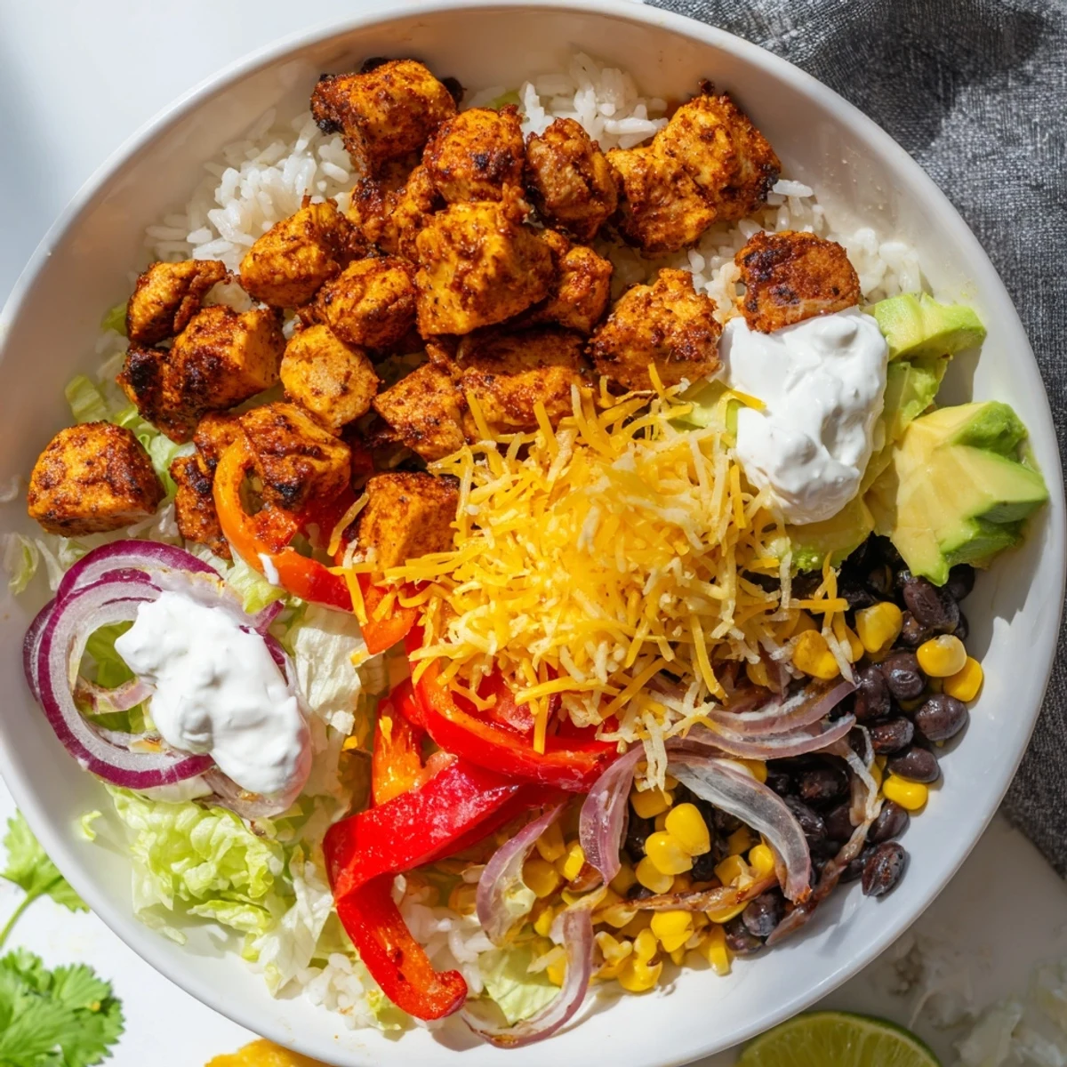 Sheet Pan Chicken Burrito Bowls, brimming with colorful roasted vegetables and the perfect Tex-Mex flavors.