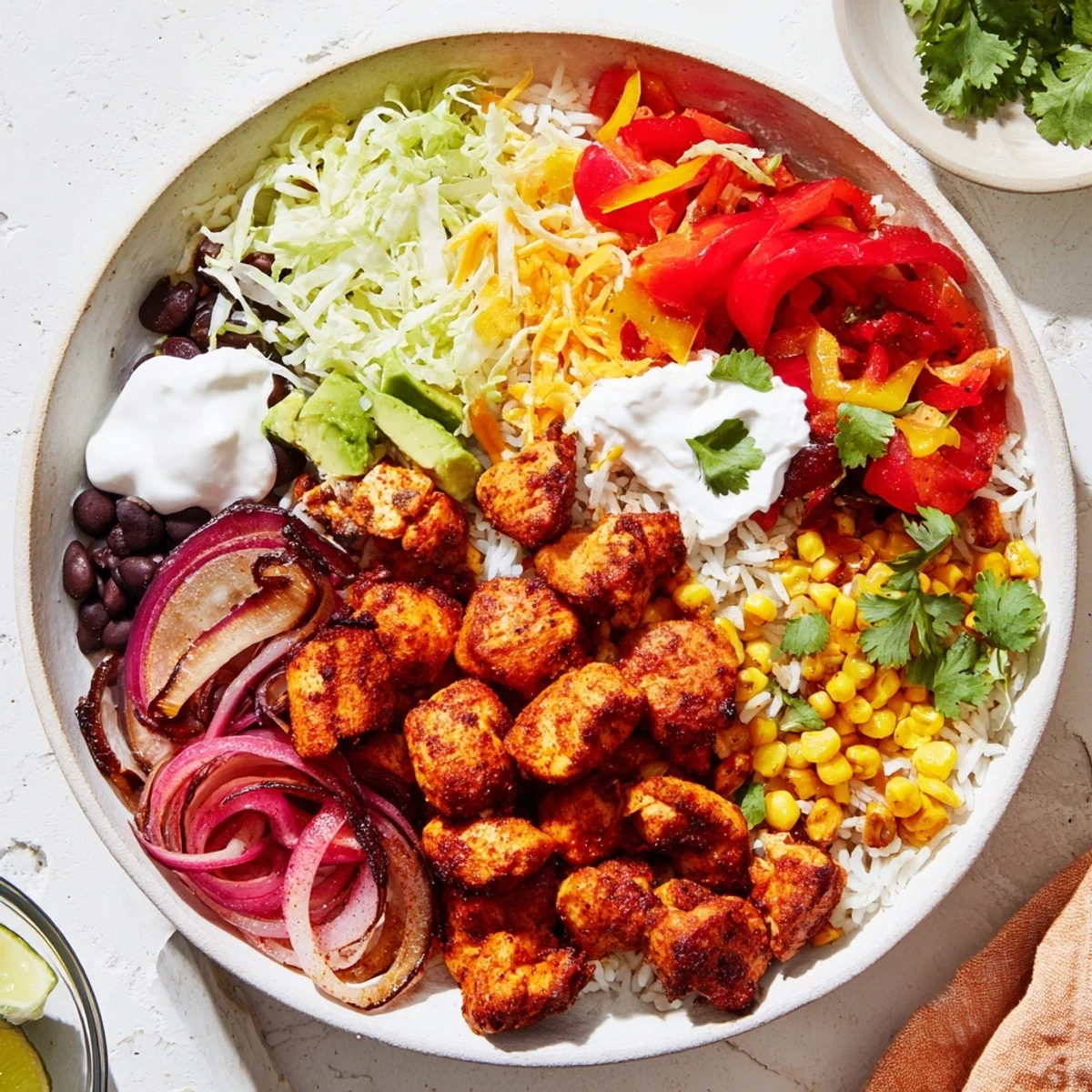 Enjoy a healthy serving of sheet pan chicken burrito bowls filled with savory seasoned chicken and a variety of fresh ingredients.