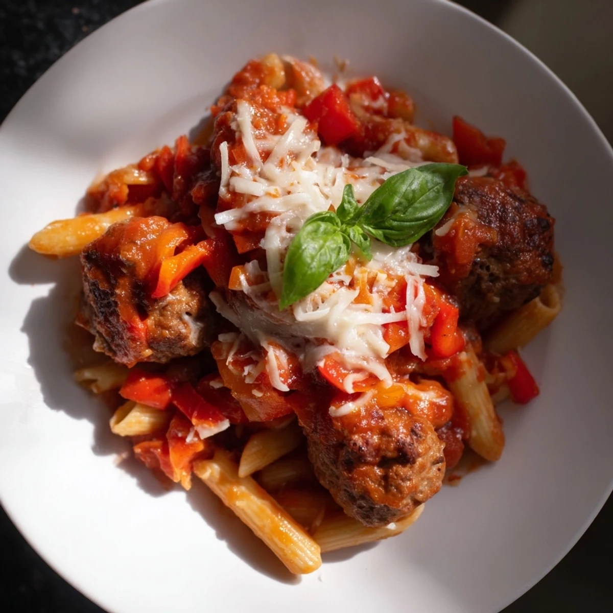Golden-brown Italian Meatball Pasta Skillet, bubbling with melted cheese and tender meatballs, ready to serve.