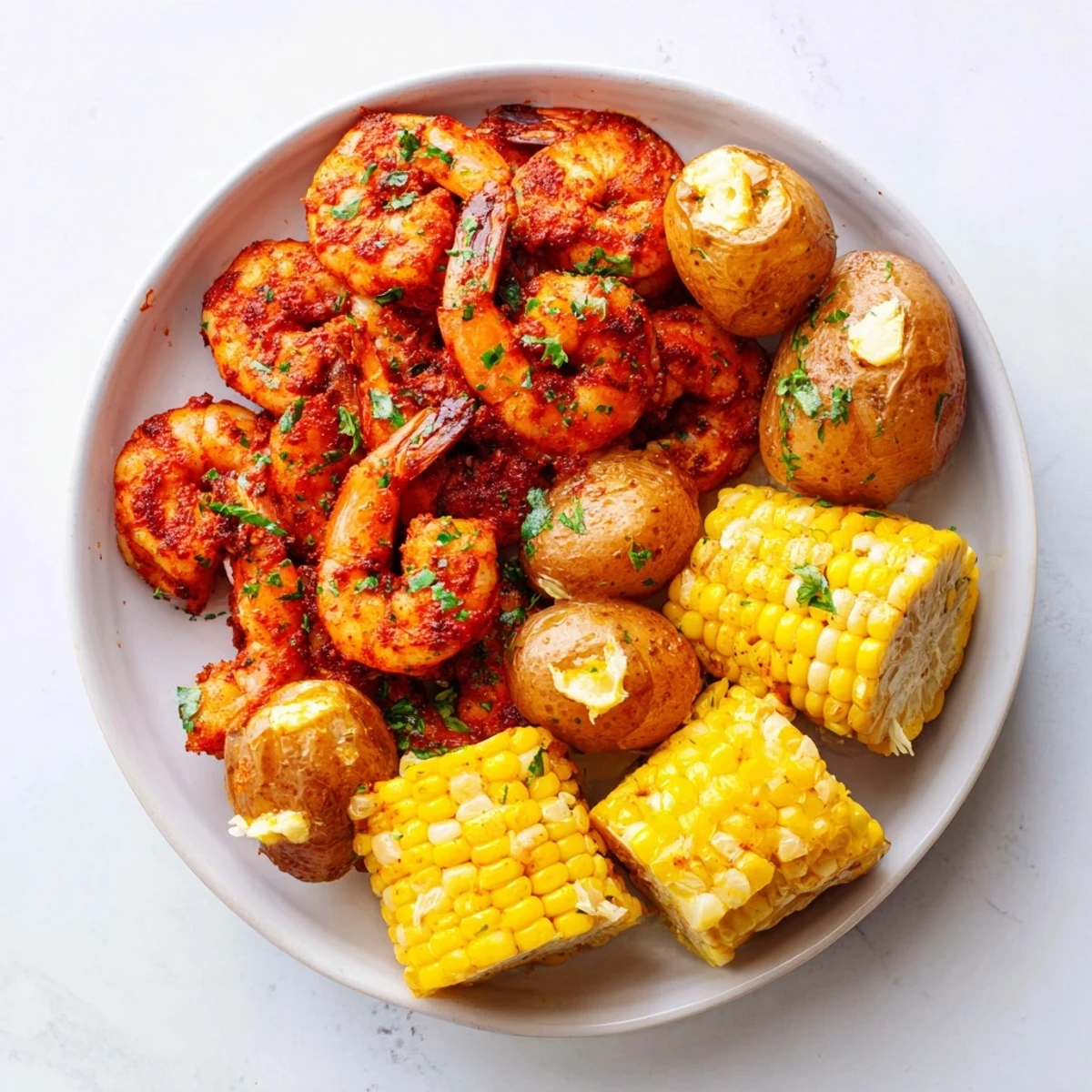 A delicious close-up of the flavorful Cajun Shrimp & Sweet Corn Platter served with fresh lemon wedges.