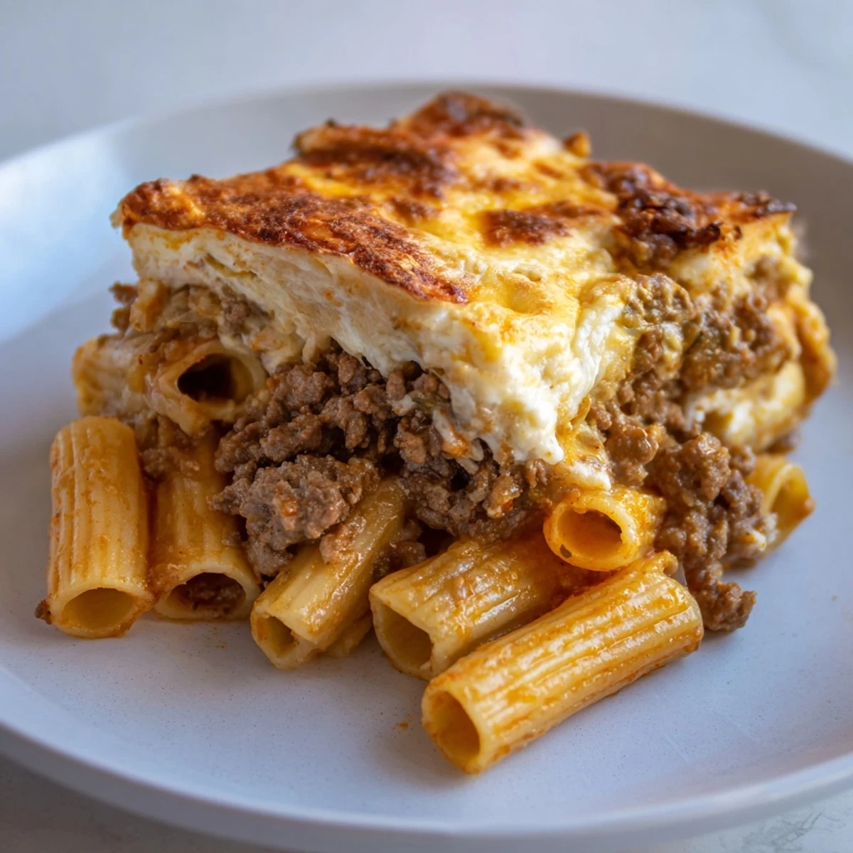 Warm Greek pastitsio, a comforting baked pasta dish with a golden, bubbly béchamel topping.