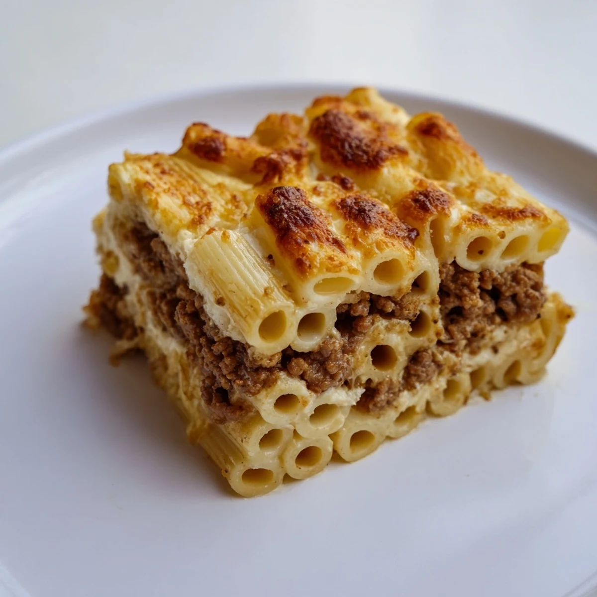 Slices of savory Greek pastitsio, revealing layers of pasta, meat sauce, and creamy béchamel.