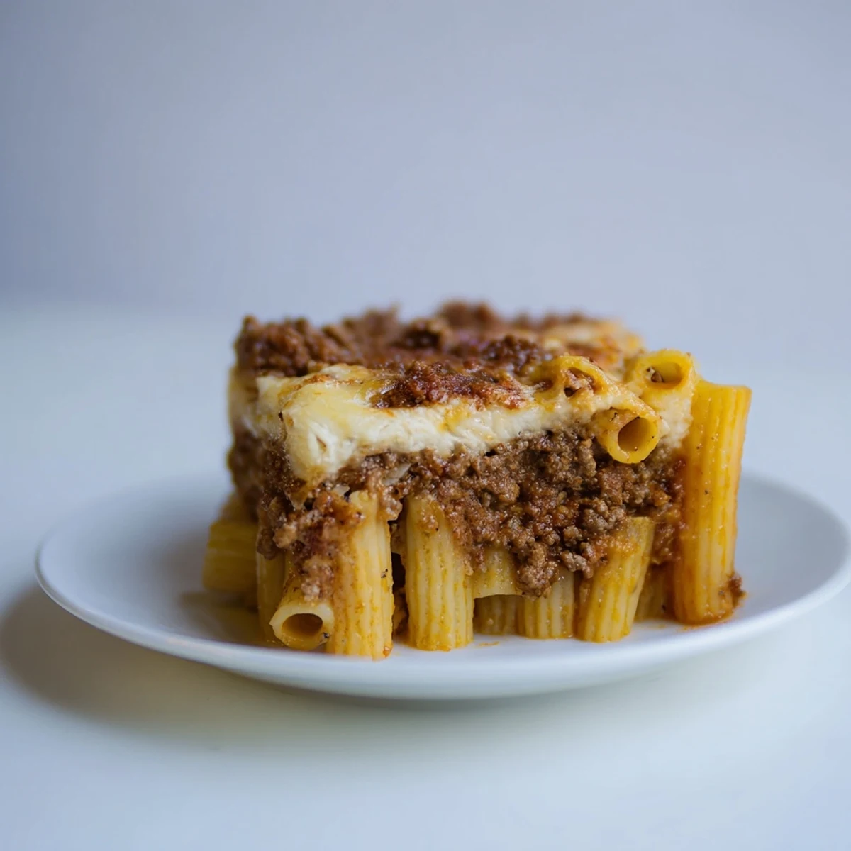 Homemade Greek pastitsio, baked to perfection with a rich meat sauce and cheese-infused béchamel.