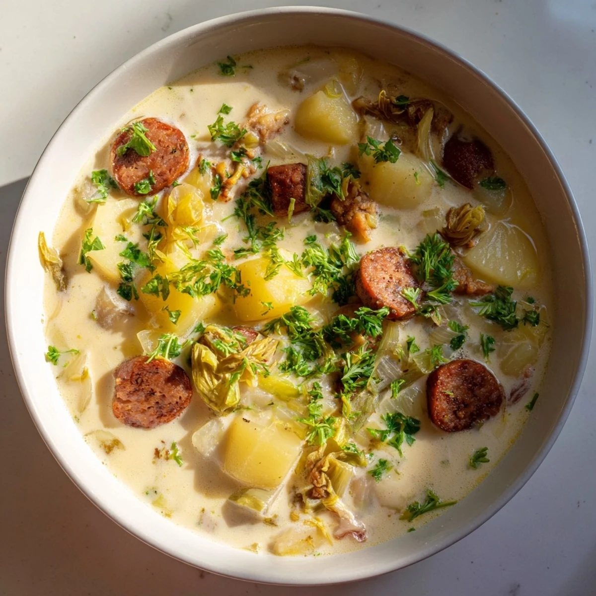 Potato, Leek & Chorizo Soup bowl: A steaming bowl of creamy soup, garnished with parsley and chorizo crumbles.