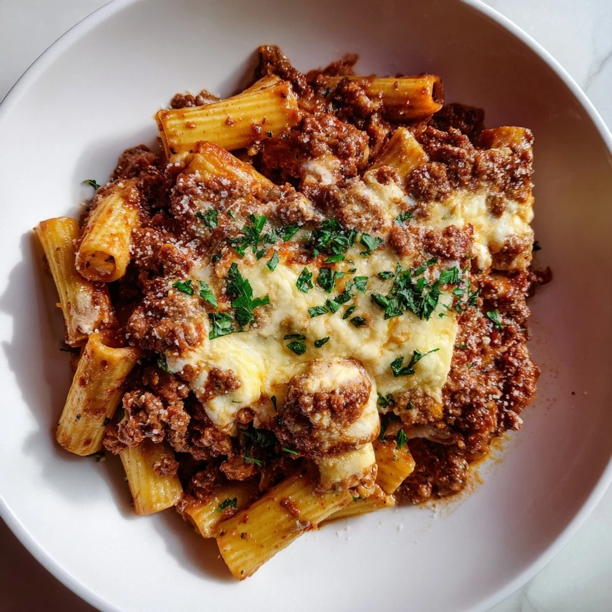 A bubbling casserole of Baked Ziti with Meat Sauce, topped with melted mozzarella and Parmesan.
