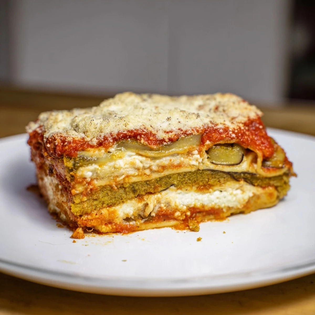 Golden-brown Eggplant Parmesan Lasagna, layered with hearty sauce and bubbly mozzarella.