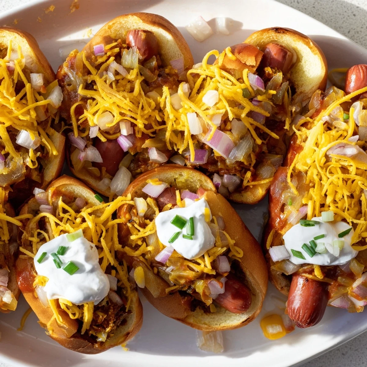 Golden-brown crust of hot dog buns encases a savory Chili Dog Casserole, ready for serving with garnishes.