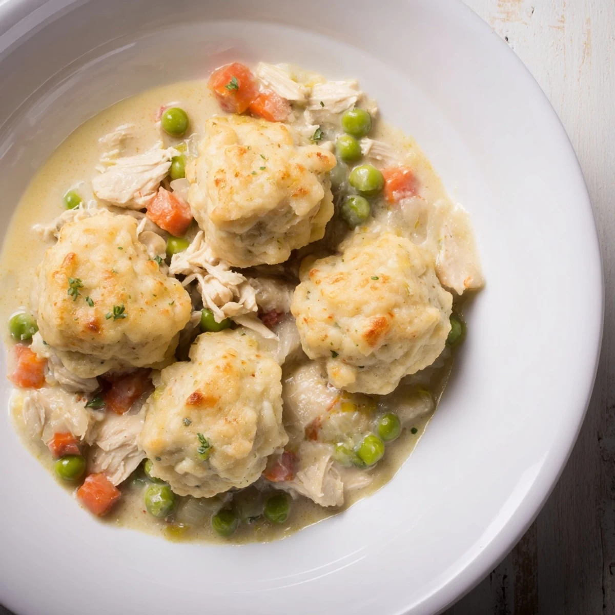 A comforting close-up of hearty Chicken and Dumplings Casserole, showcasing fluffy dumplings atop the creamy chicken.