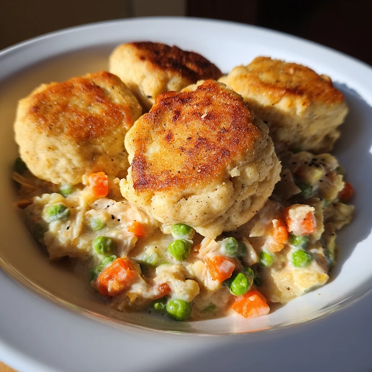 Golden-brown Chicken and Dumplings Casserole bubbling in a baking dish, ready to serve warm.