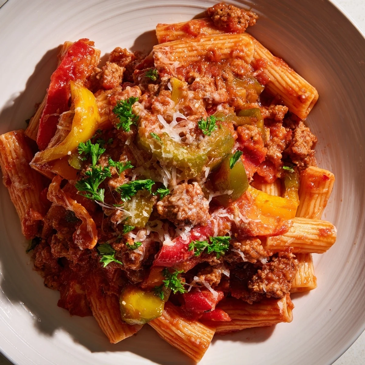 Steaming baked rigatoni with sausage and peppers, topped with bubbly cheese, ready to serve with fresh herbs.