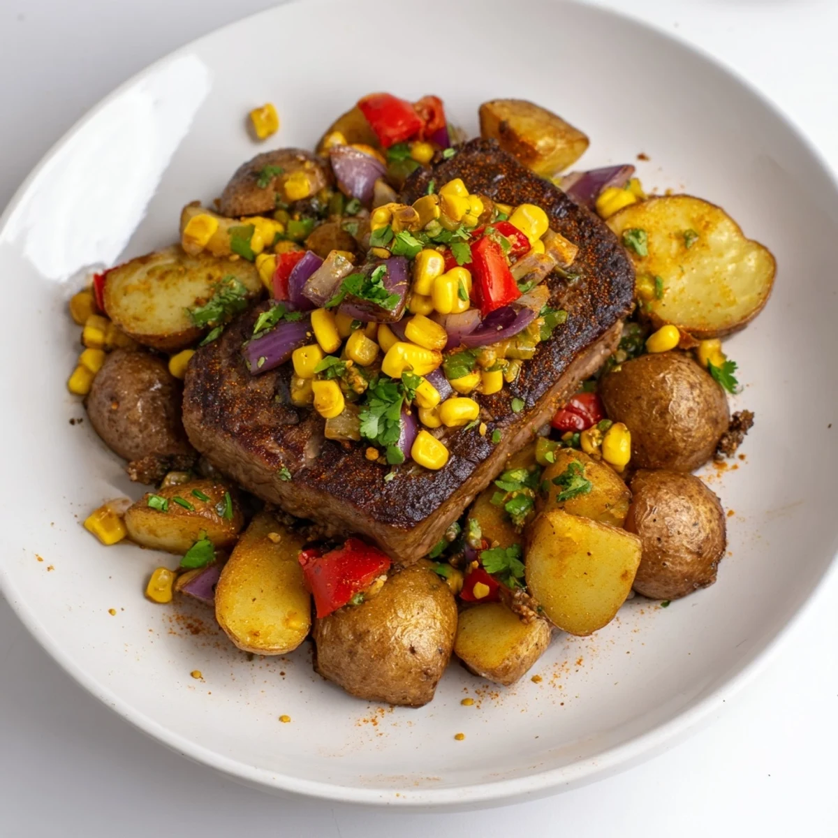 Tender Southwest Steak & Potato Skillet with cilantro garnish, ready for a flavorful bite.