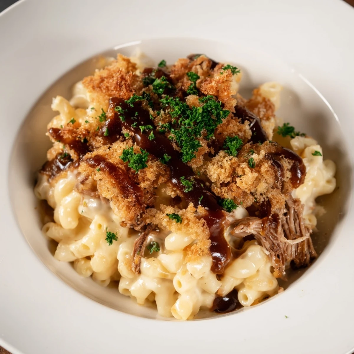 Creamy Barbecue Pulled Pork Mac and Cheese, bubbling and golden, an American comfort food classic.