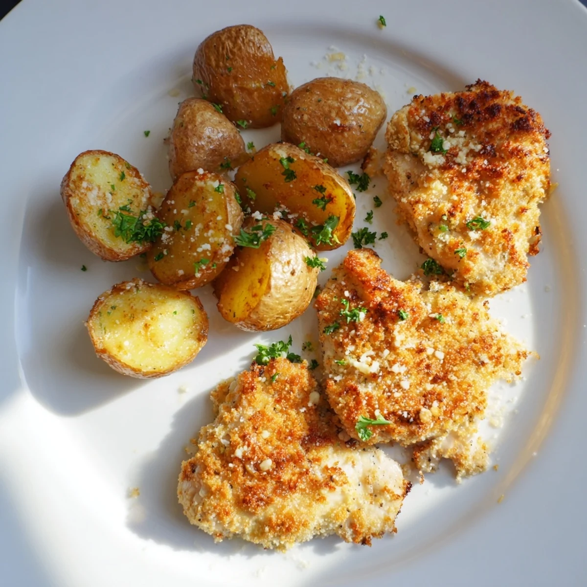 Golden, crispy Parmesan crusted chicken & potatoes, ready to enjoy with a squeeze of lemon.