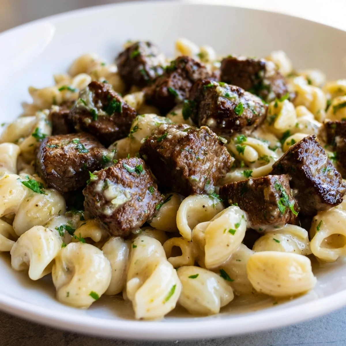 Golden-brown garlic butter steak bites atop creamy, cheesy shells, enticing flavors for dinner.