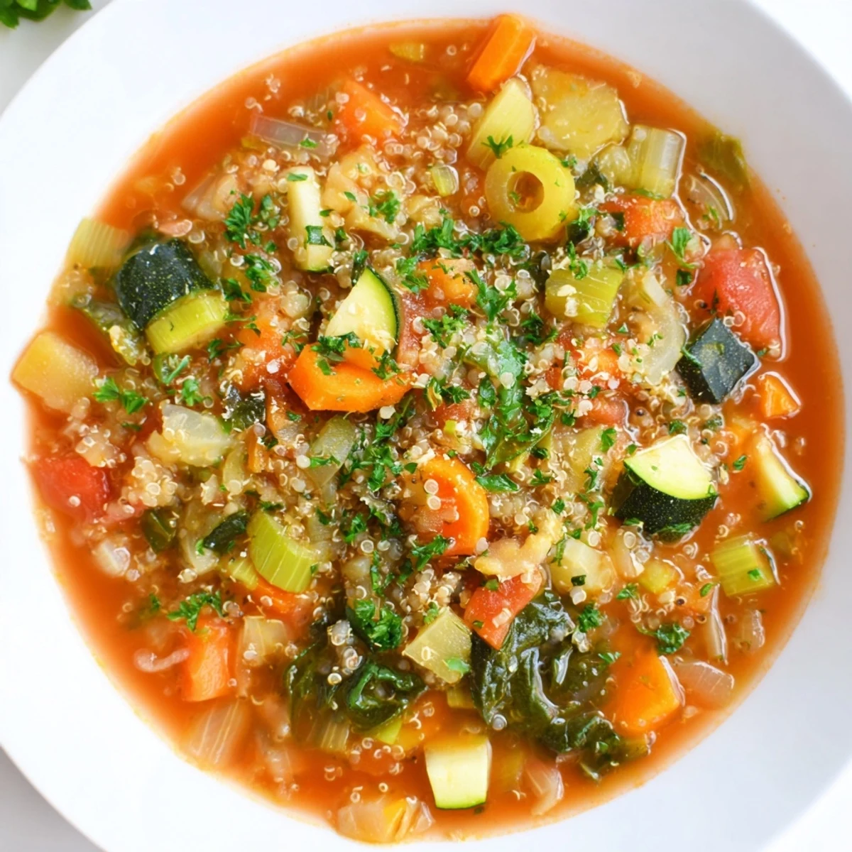Hearty homemade Minestrone with Quinoa & Winter Greens: a colorful soup overflowing with fresh vegetables.